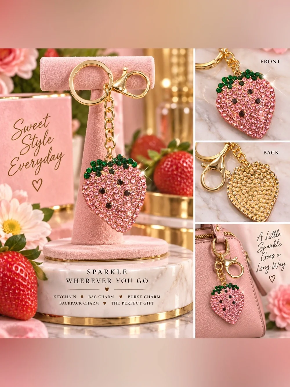 Pink Rhinestone Strawberry Keychain Bag Charm Gold Tone Sparkle New